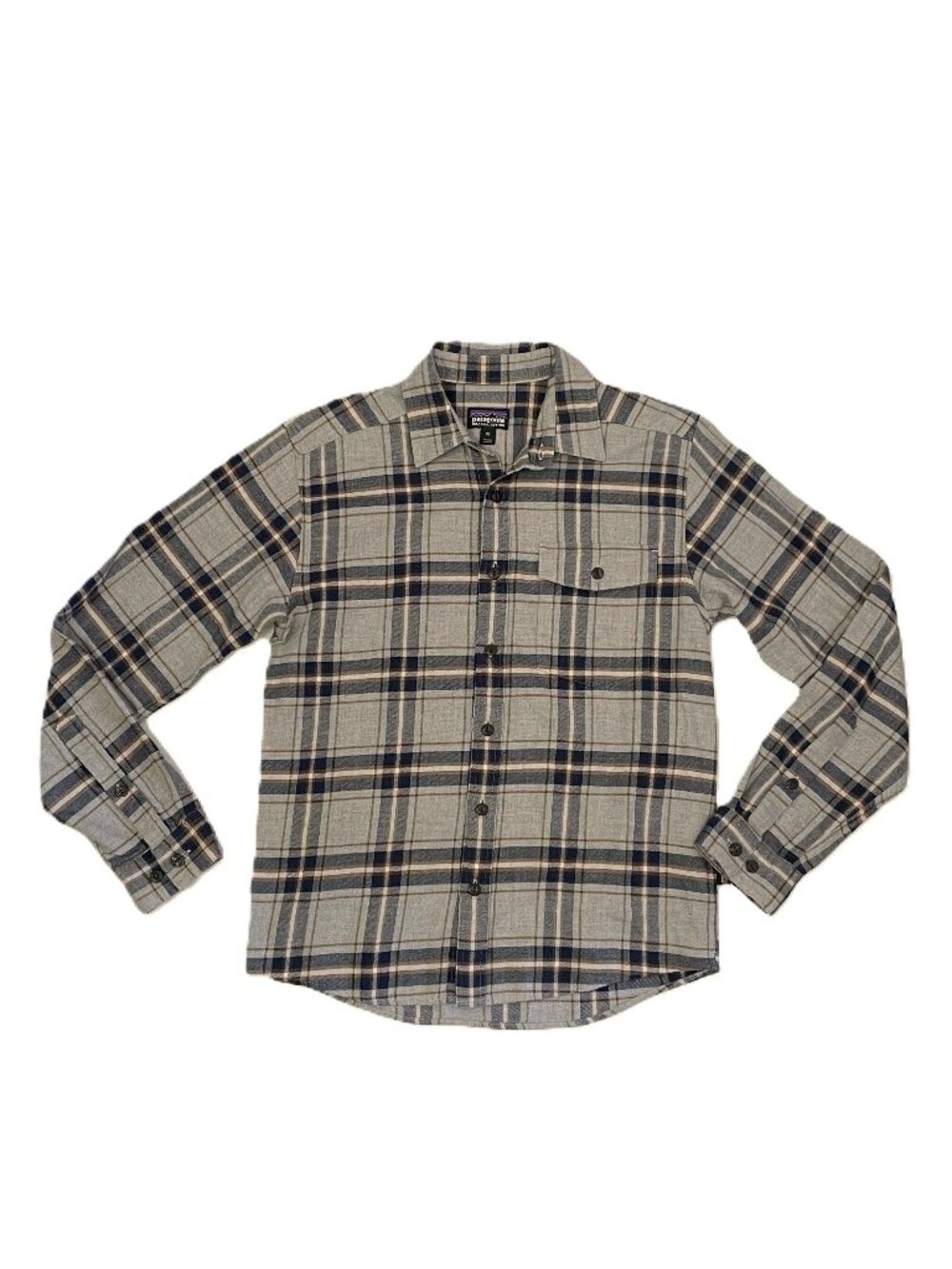 Patagonia Fjord Flannel Shirt Mens XS Organic Cotton Plaid 54020 Gray Brown Navy